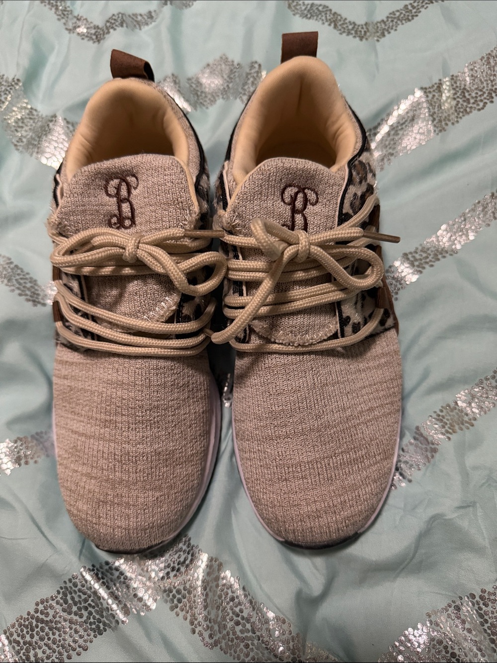 Kids Beige Knit Sneakers with Leopard Accent